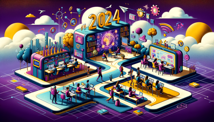 DALL·E 2024-01-26 15.50.43 - A contemporary and innovative landscape illustrating 'The Three Trends of Learning in 2024'. The scene depicts three distinct educational trends_ the